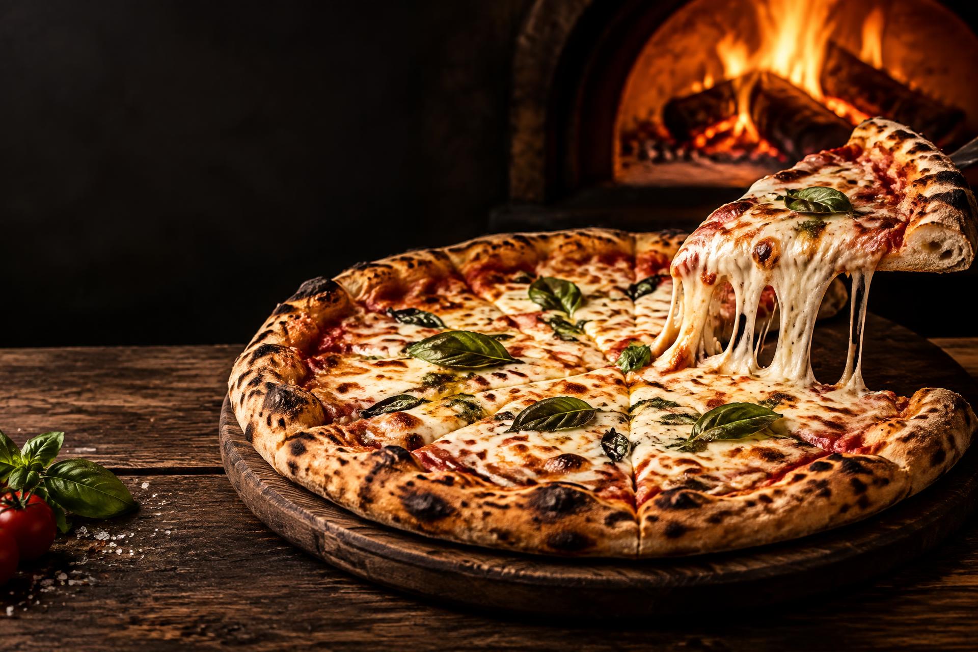 Pizza artesanal com queijo derretendo em frente ao forno a lenha